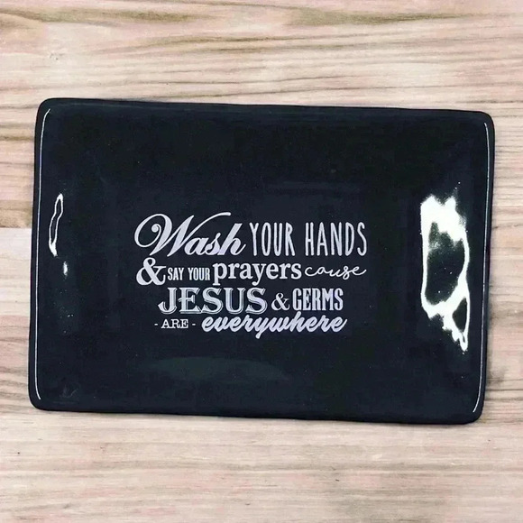 COPY - Wash Your Hands Jesus & Germs Are Everywhere Black Ceramic Soap Dish - Picture 1 of 13